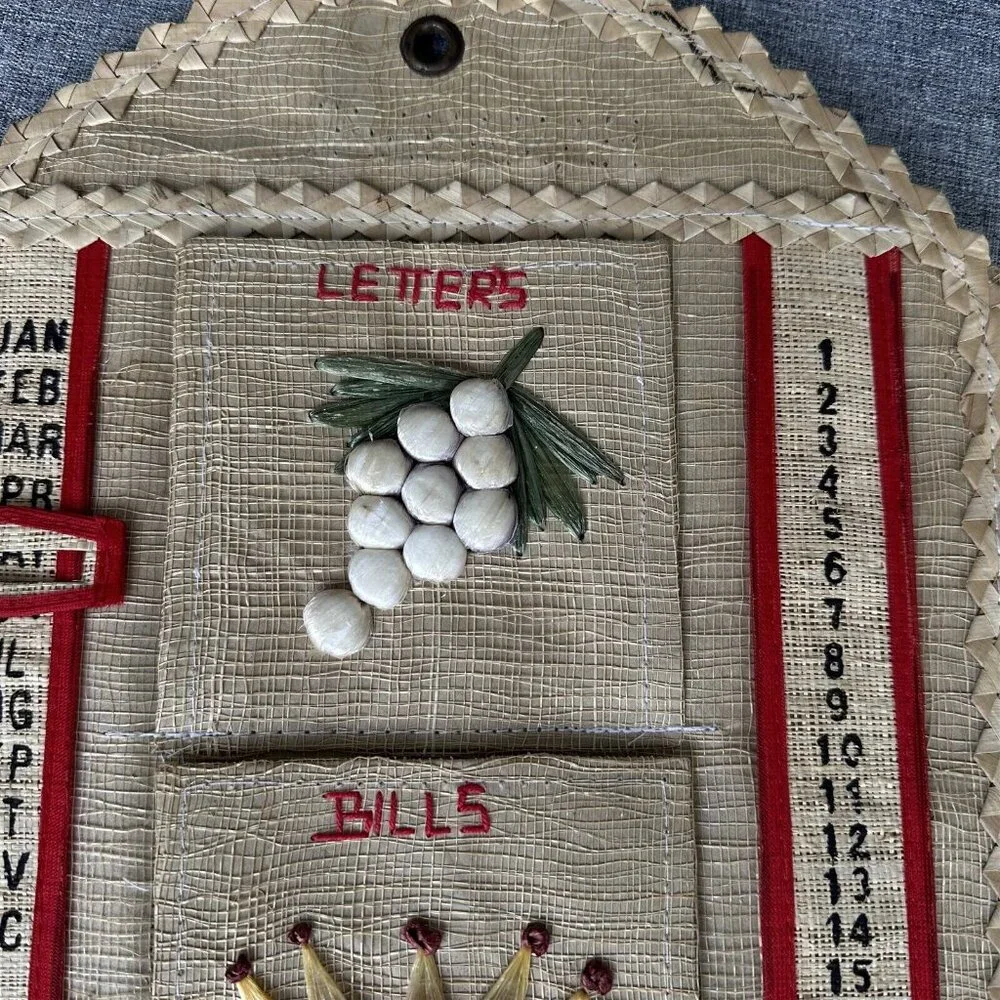 Vintage Wall Pocket Letter Organizer Holder Woven Straw Raffia Calendar